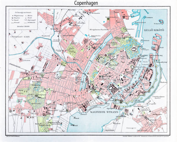 bildbanksillustrationer, clip art samt tecknat material och ikoner med gravyr: karta över köpenhamn från 1895 - copenhagen