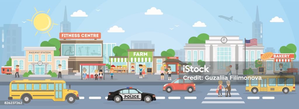 City street exterior. City street exterior. American city with court, fitness center and school bus, police car and stores. City stock vector