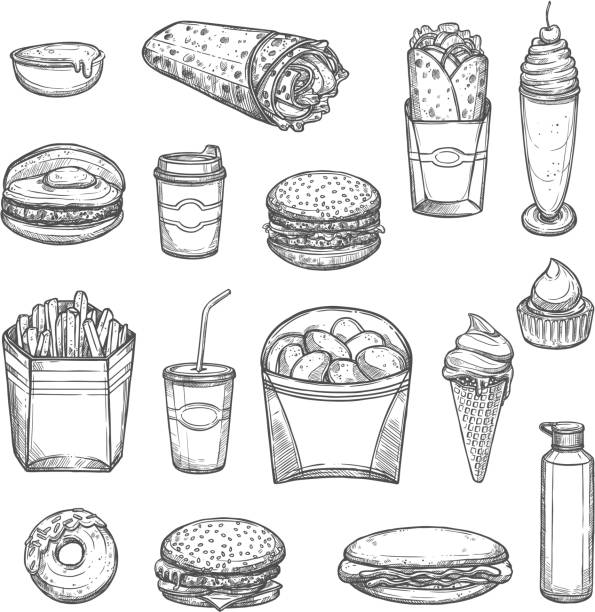 ilustraciones, imágenes clip art, dibujos animados e iconos de stock de dibujo vector aislado los iconos de comida rápida - quick cookies