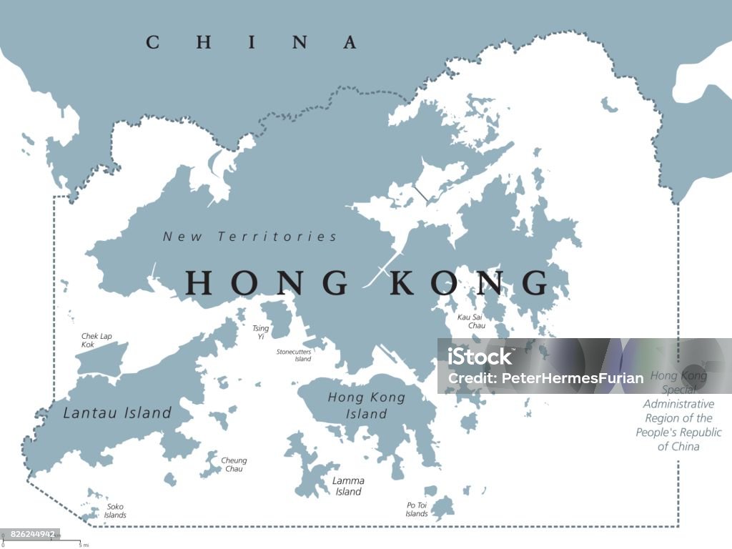 Hong Kong political map Hong Kong and vicinity political map. English labeling. Hong Kong Special Administrative Region of the Peoples Republic of China. Autonomous territory on Pearl River Delta. Gray illustration. Vector. Hong Kong stock vector