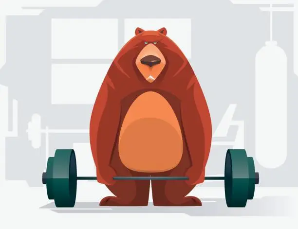 Vector illustration of fat bear lifting barbell