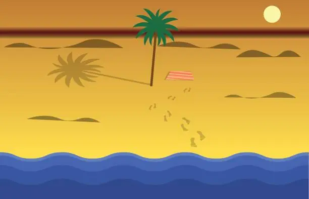 Vector illustration of beach and sea on the sunset