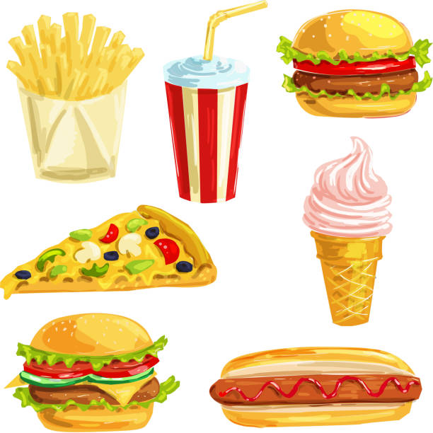 ilustraciones, imágenes clip art, dibujos animados e iconos de stock de comida de almuerzo de comida rápida con set acuarela de postre - hamburger refreshment hot dog bun
