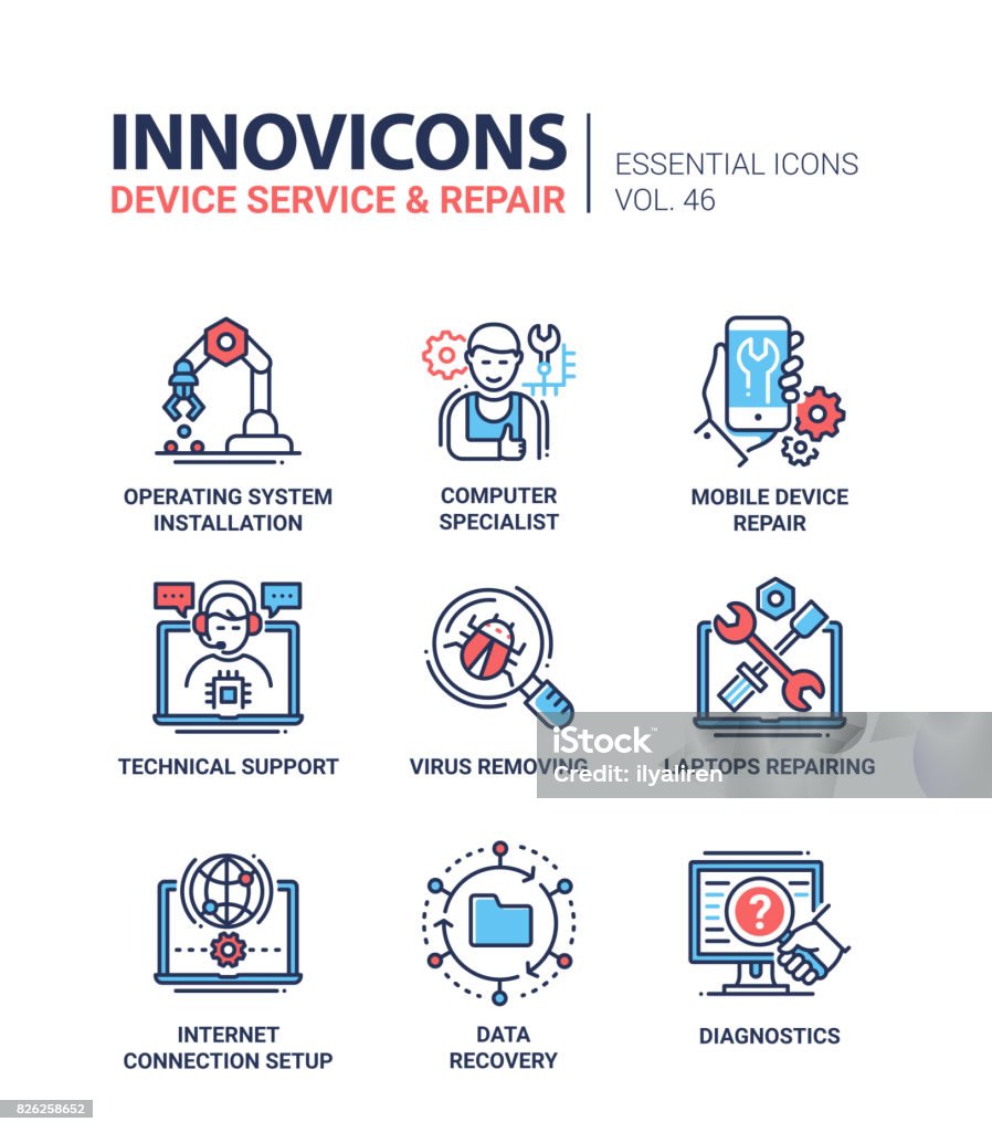 Servicio de dispositivo - vector moderno línea diseño iconos conjunto. - arte vectorial de Archivo libre de derechos