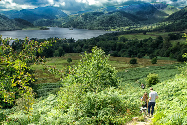 View of Ullswater in Cumbria with bracken in the foreground and a young man and woman wth a Dalmatian dog walking down the track towards the lake.