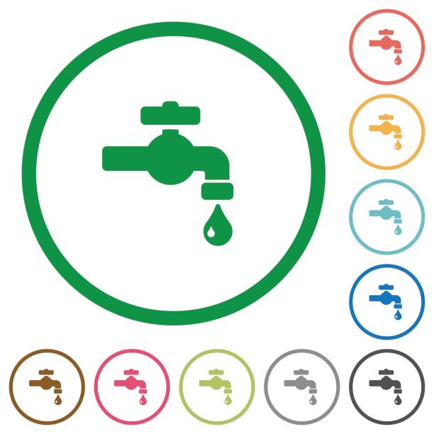 ilustrações de stock, clip art, desenhos animados e ícones de water faucet with water drop flat icons with outlines - detent