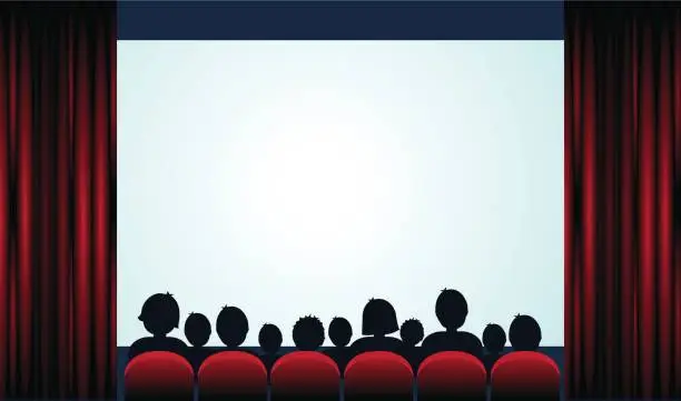 Vector illustration of Cinema poster with audience, screen and red curtains .Vector illustration