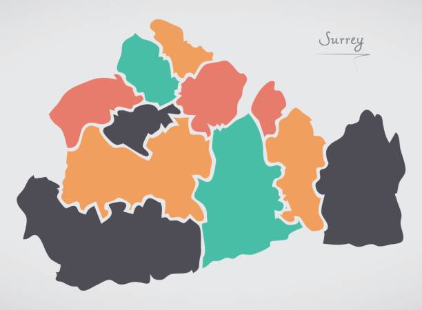 ilustraciones, imágenes clip art, dibujos animados e iconos de stock de mapa de surrey inglaterra con los estados y formas redondas modernas - surrey