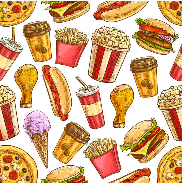 illustrazioni stock, clip art, cartoni animati e icone di tendenza di icone di schizzo fast food modello senza soluzione di continuità - coffee donut old fashioned snack