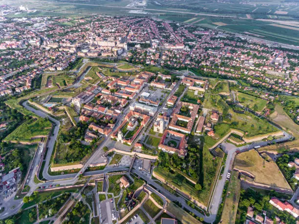 Aerial view of Alba Iulia - Alba Carolina medieval fortress in Alba Iulia City, Romania