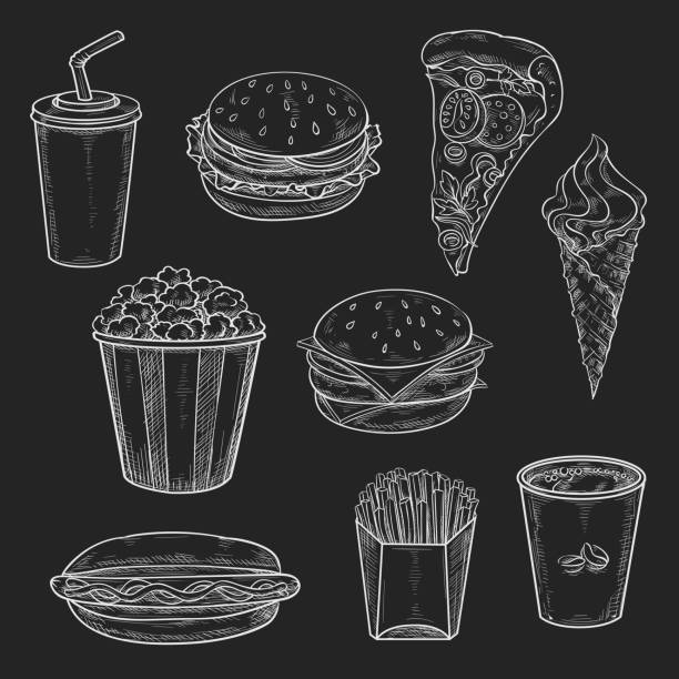 ilustrações de stock, clip art, desenhos animados e ícones de fast food meals vecor icons set of chalk sketch - chicken meat food chicken wing