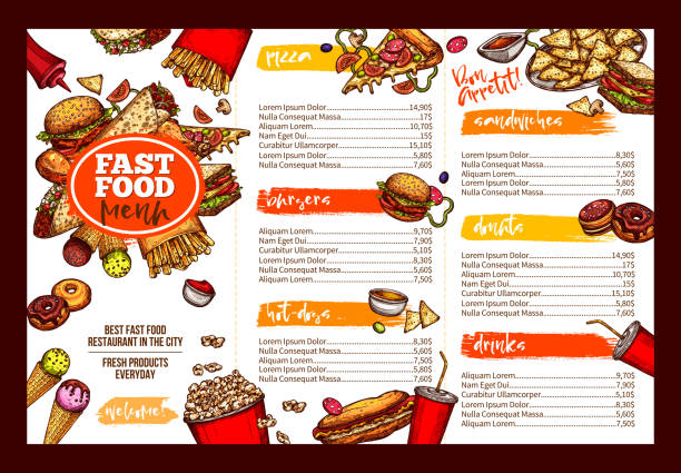 ilustraciones, imágenes clip art, dibujos animados e iconos de stock de diseño de plantilla de folleto de menú de comida rápida restaurante - hamburger refreshment hot dog bun