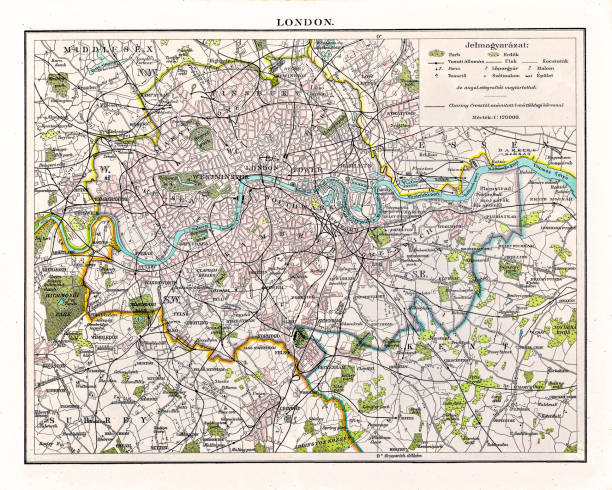 ilustraciones, imágenes clip art, dibujos animados e iconos de stock de mapa de antquie de londres, 1895 - southeast england illustrations