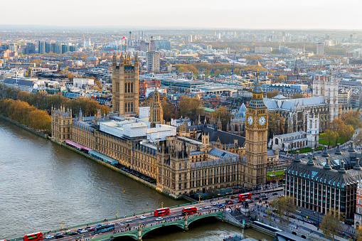 Aerial view of London and the River Thames, UK