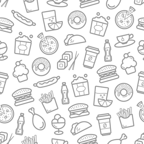 Fast food and seafood vector seamless pattern Fast food seamless pattern of seafood, snacks and desserts. Vector burgers and sandwiches, sushi and sashimi rolls, pizza and hot dog, chicken legs and wings and french fries with popcorn basket fast food stock illustrations