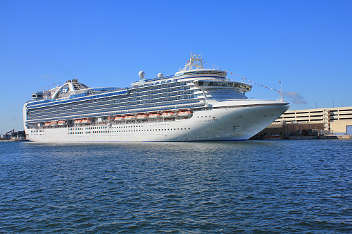 Fort Lauderdale, USA - February 15, 2014 : Crown Princess ship docked at Port Everglades pier in Florida. Crown Princess is a Grand-class cruise ship owned by Princess Cruises