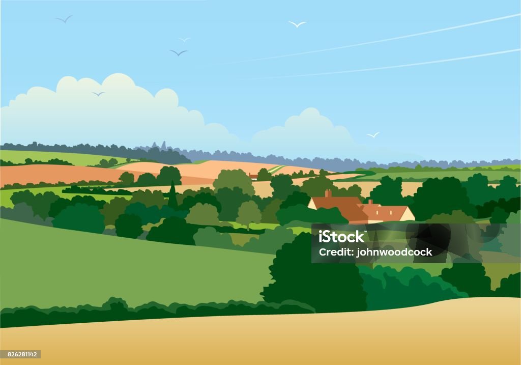 Horizontal English landscape illustration A colourful hand drawn graphic landscape with a road disappearing over the horizon. This is an EPS 10 file. Landscape - Scenery stock vector