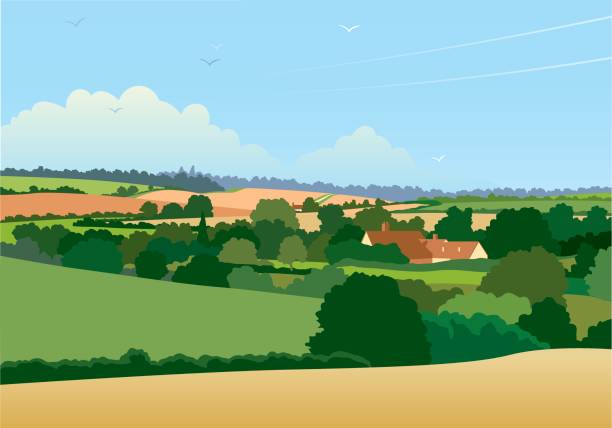 Horizontal English landscape illustration A colourful hand drawn graphic landscape with a road disappearing over the horizon. This is an EPS 10 file. house uk countryside stock illustrations