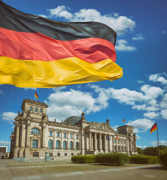 Building Reichstag in Berlin Germany on a summer day. The dedication \