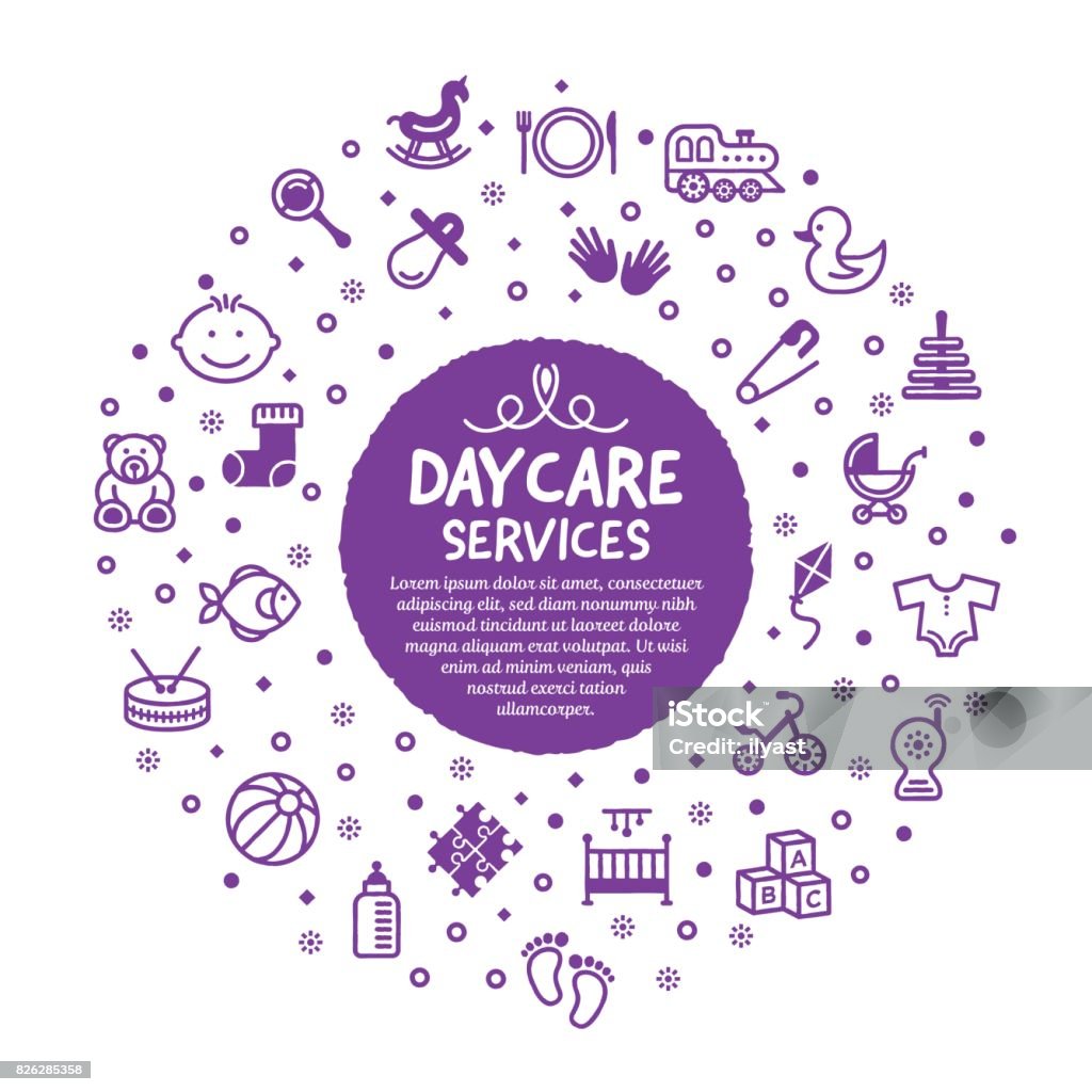 Daycare Services Poster Vector line illustration of child care services. Baby - Human Age stock vector