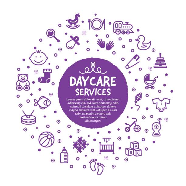 Daycare Services Poster Vector line illustration of child care services. play day stock illustrations