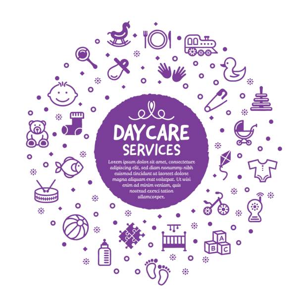 Daycare Services Poster Vector line illustration of child care services. kids cleaning up toys stock illustrations