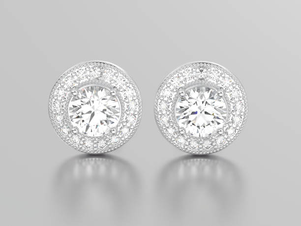 istock 3D illustration two white gold or silver diamonds earrings with reflection 826287882