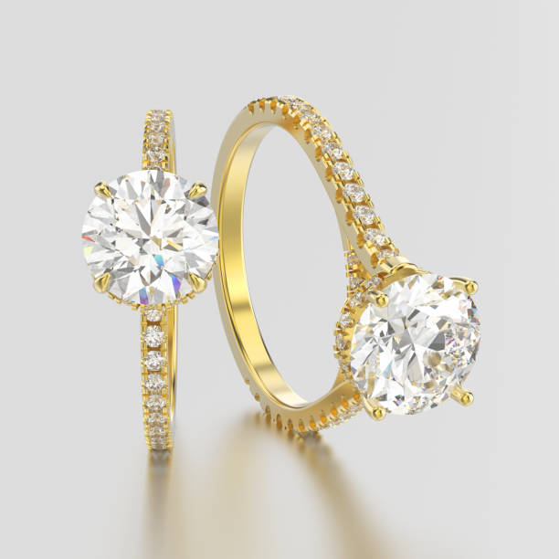 illustrazione 3d due anelli di diamanti in oro giallo con riflessione - jewelry gem gold reflection foto e immagini stock