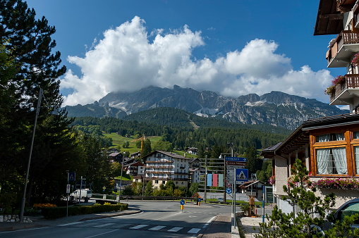 Environment on the  circular motion in road of  Cortina d'Ampezzo, Dolomiti, mountain,  Alps, Veneto, Italy, Europe