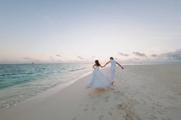 Wedding couple on the beach on the island The wedding couple on the beach on the island honeymoon beach stock pictures, royalty-free photos & images