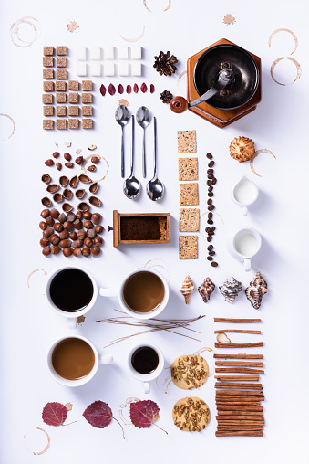 Infographic coffee collection of ingredients, recipe. Flat lay, mock up, top view.