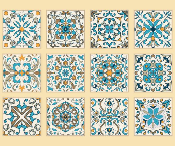 vektor satz von portugiesischen kacheln. sammlung von farbigen mustern für design und mode - flower backgrounds tile floral pattern stock-grafiken, -clipart, -cartoons und -symbole