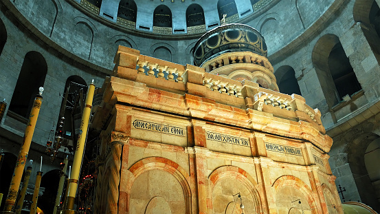 Jesus Christ Empty tomb and Dome rotunda over it in Jerusalem in the Holy Sepulcher Church. The Sepulchre Church and Empty Tomb are the most sacred places for all Christians on the planet.