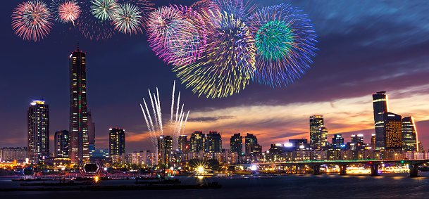 View of Seoul and Firework at Yeouido in the summer Seoul, South Korea.