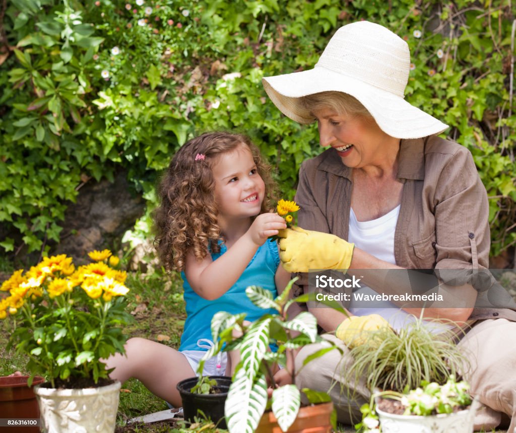 Happy Grandmother with her granddaughter working in the garden Gardening Stock Photo