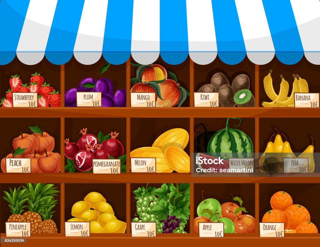 Fruit Store Slideshow Fruit Market Vector Showcase Stand With Fruits Stock Illustration ...