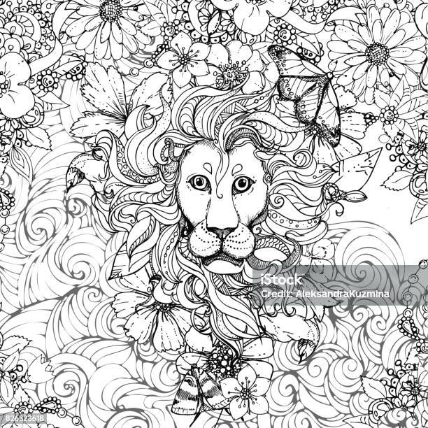 Hand Drawn Vector Illustration Of Doodle Lion And Flowers Butterfly Stock Illustration - Download Image Now