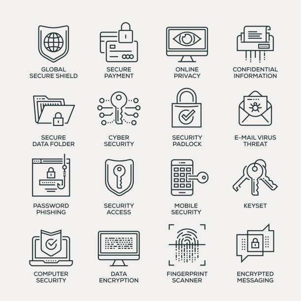 사이버 보안 아이콘으로 설정-라인 시리즈 - encryption security system security padlock stock illustrations