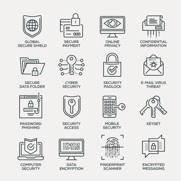 набор значков кибербезопасности - серия линий - encryption security system security padlock stock illustrations