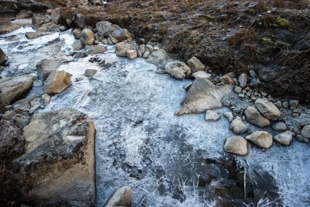 el hielo en el canal, el camino al campo base del annapurna - glacier himalayas frozen lake fotografías e imágenes de stock