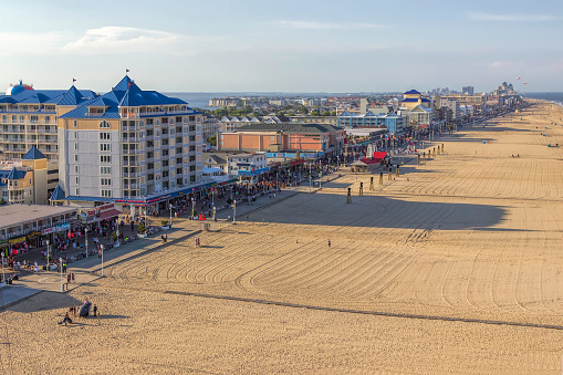 Ocean city, Maryland aerial view of the boardwalk and beach