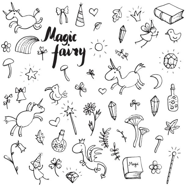 magic doodle set magic doodle set, vector hand drawn isolated elements little cute cartoon fantasy unicorn stock illustrations