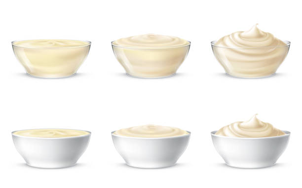 Vector illustrations of mayonnaise, sour cream, sauce, sweet cream, yogurt, cosmetic cream Set vector illustration of mayonnaise, sour cream, sauce, sweet cream, yogurt, cosmetic cream for face and body, swirling in a transparent and white bowl, in realistic style, isolated. Print, template sour face stock illustrations