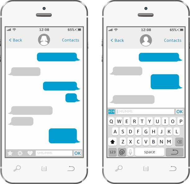 ilustraciones, imágenes clip art, dibujos animados e iconos de stock de smartphone con mensajería sms app - balloon blue red white