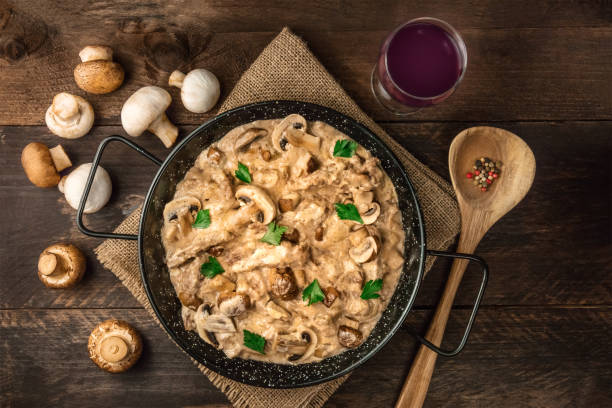 istock Mushroom beef stroganoff with wine and copy space 826350756