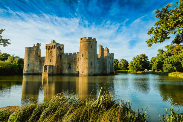Bodiam Castle Picturesque view of Bodiam Castle in East Sussex on a summers day circa 14th century photos stock pictures, royalty-free photos & images