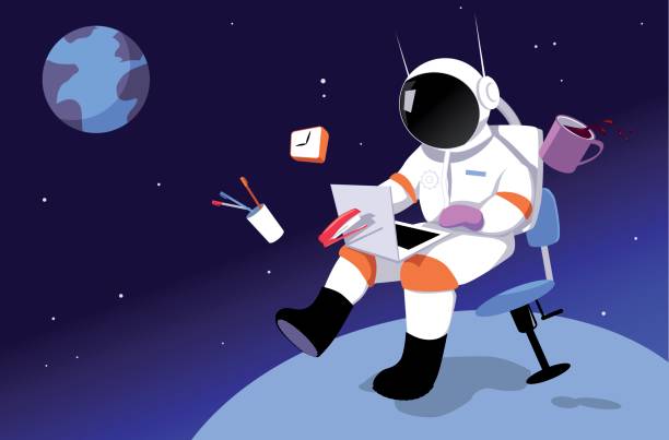 Very remote worker An astronaut working in on a laptop in zero gravity, surrounded by office tool, away from Earth as a metaphor for a remote job, EPS 8 vector illustration astronaut stock illustrations