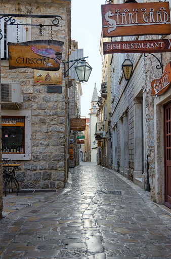 Budva, Montenegro - September 17, 2015: Street of Old Town in early morning, Budva, Montenegro