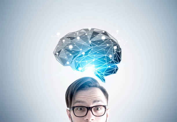 istock Man in glasses and black brain hologram 826381590
