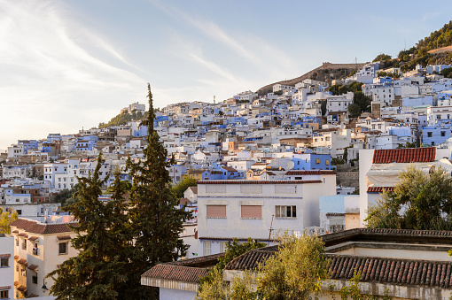 Panorama of Chefchaouen, Morocco. Town famous by the blue painted walls of the houses